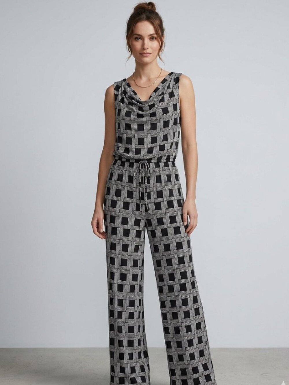 EnFocus Studio Black and White Cowl Neck Plaid Jumpsuit